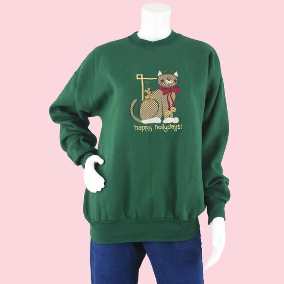 Ugly Christmas Holiday Cat Embroidered Green Sweatshirt Women's Large - Picture 1 of 9